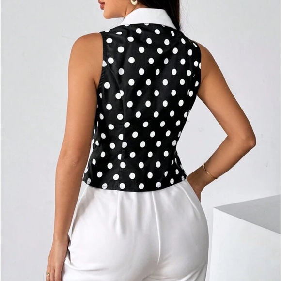 Classic Elegant Polka Dot Button Down Vest Office Work Top Black White - Picture 2 of 10